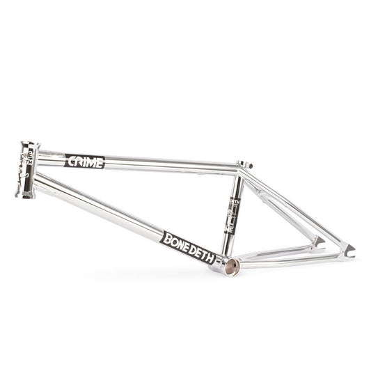 A Bone Deth Crime Frame, predominantly silver in color, with branded graphics on the tubes.